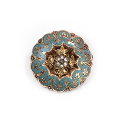 Lot 17 - An enamel and split pearl shield form brooch