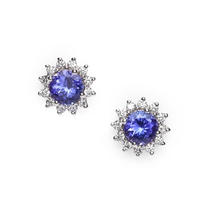 Lot 109 - A pair of white gold diamond and tanzanite cluster stud earrings