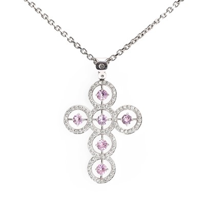 Lot 155 - A diamond and pink topaz cross pendant necklace