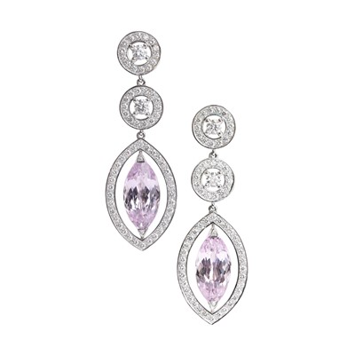 Lot 157 - A pair of 18ct white gold diamond and kunzite drop earrings