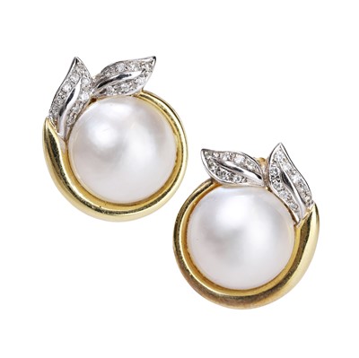 Lot 71 - A pair of Mabe pearl and diamond clip on earrings