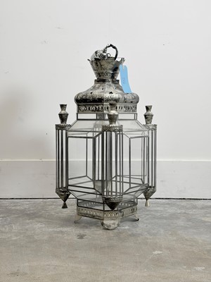 Lot 471 - A silvered glass and metal ceiling lantern