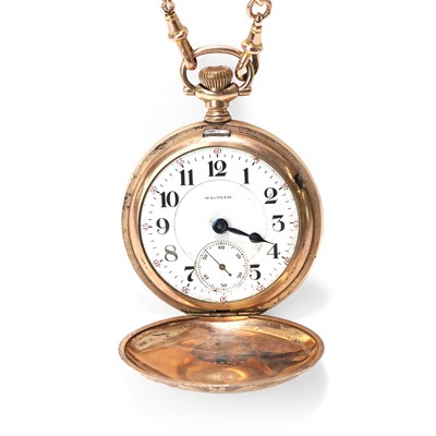 Lot 417 - A rolled gold Waltham full hunter pocket watch suspended by a gold chain