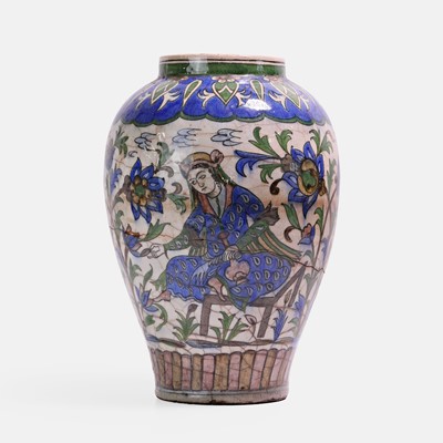 Lot 295 - A Qajar polychrome-painted pottery baluster vase