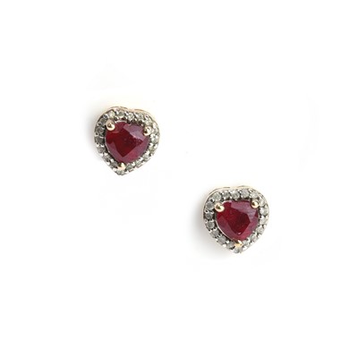 Lot 216 - A 9ct heart shaped ruby and diamond cluster studs earrings