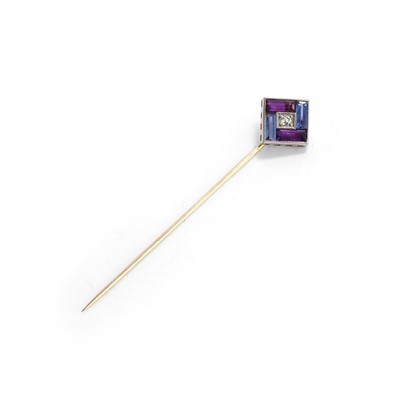 Lot 38 - An Art Deco amethyst sapphire and diamond square form stick pin