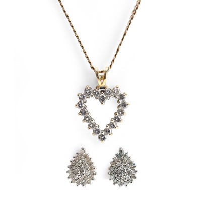 Lot 93 - A diamond heart pendant on chain and a pair of diamond earrings