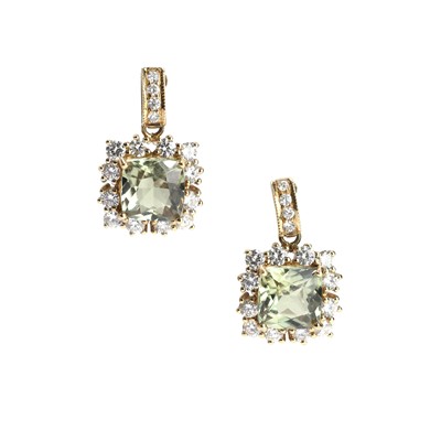 Lot 67 - A pair of 18ct gold green diaspore and diamond drop earrings