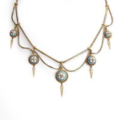 Lot 11 - A Victorian blue enamel and seed pearl necklace