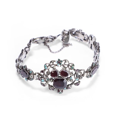 Lot 43 - An antique garnet, turquoise, and marcasite set bracelet