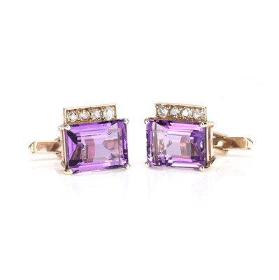 Lot 378 - A pair of amethyst and diamond cufflinks