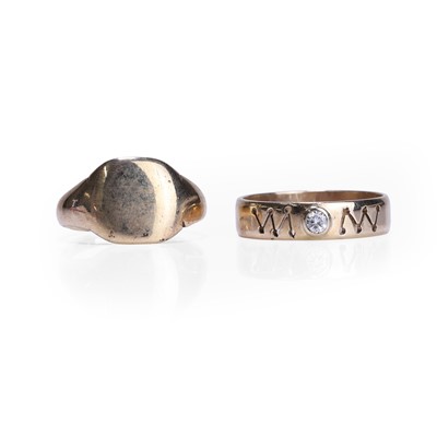 Lot 193 - A 9ct gold signet ring and a diamond set wedding ring