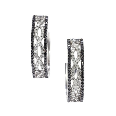 Lot 122 - A pair of white gold black moissanite and diamond hoop earrings