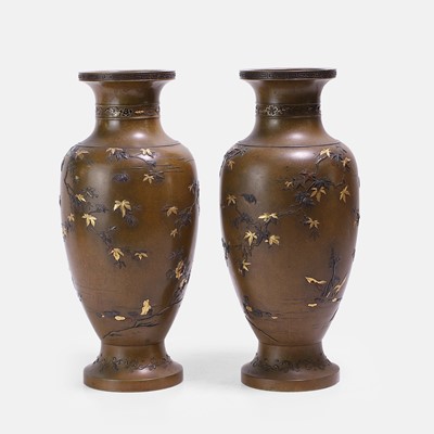 Lot 340 - A pair of Japanese mixed-metal-inlaid bronze vases
