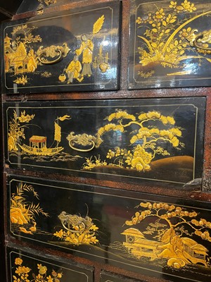 Lot 1 - A Queen Anne black-and-gilt japanned cabinet-on-stand