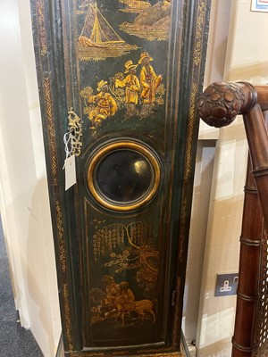 Lot 19 - A green lacquered and gilt-japanned longcase clock