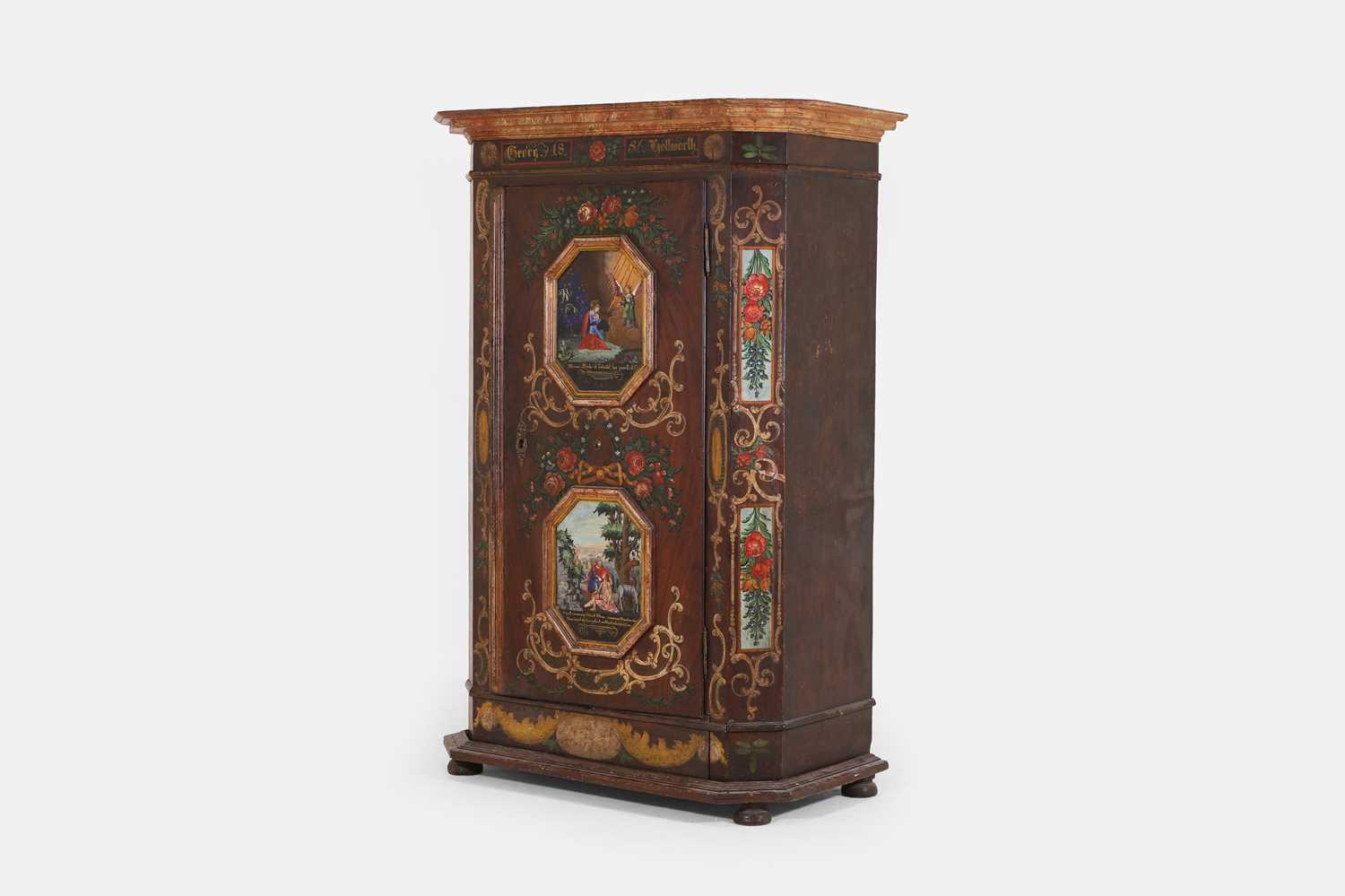 Lot 21 - A painted pine marriage cupboard