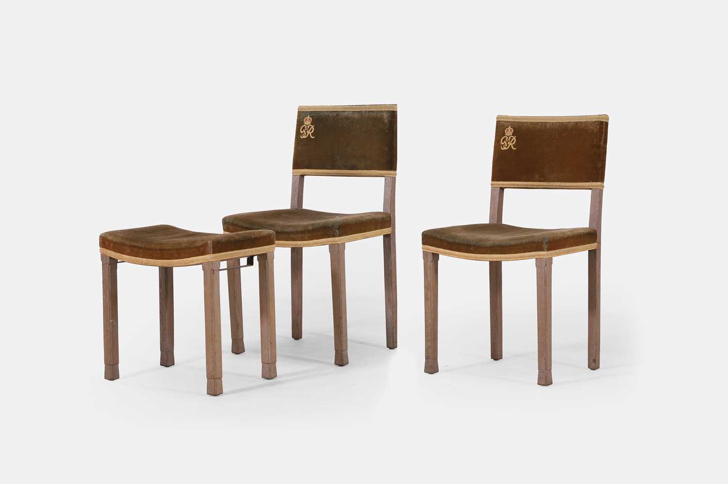 Lot 16 - Two George VI bleached beech Coronation chairs and a stool