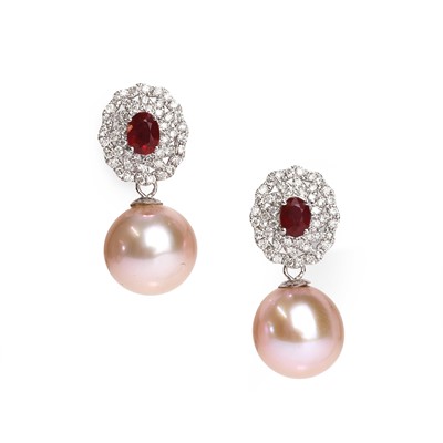Lot 164 - A pair of diamond, ruby and cultured pearl drop earrings