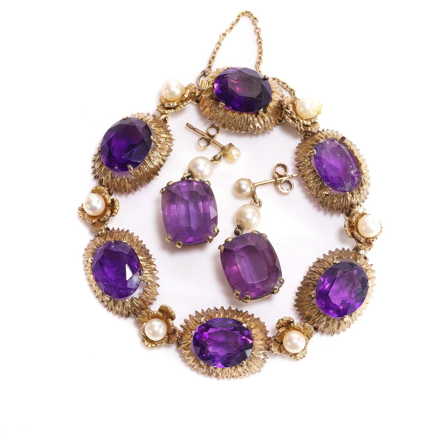 Lot 120 - A 9ct gold amethyst and pearl bracelet and a pair of earrings