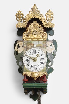 Lot 2 - A painted and parcel-gilt metal and wooden 'stoelklok'