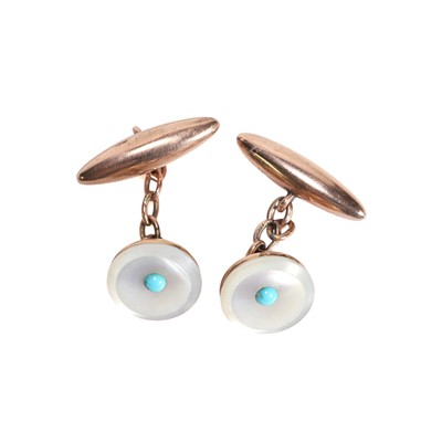 Lot 379 - A pair of 9ct gold mother of pearl and turquoise cuff links
