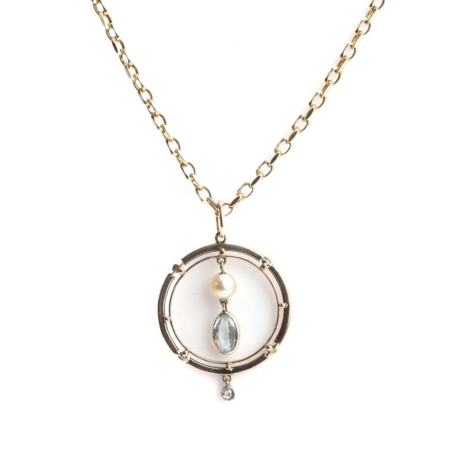Lot 55 - An aquamarine, cultured pearl, and diamond pendant necklace