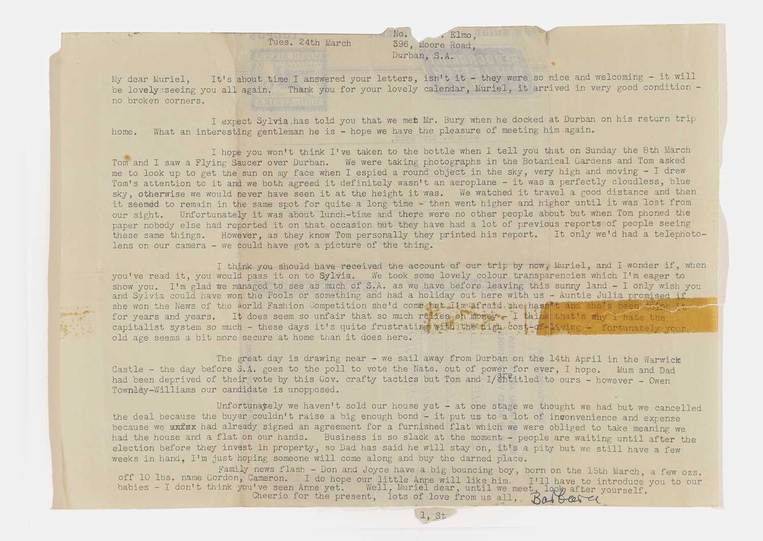 Lot 44 - A letter detailing a flying saucer encounter