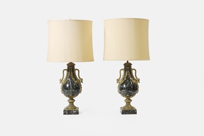 Lot 494 - A pair of Louis XVI-style green marble and ormolu table lamps