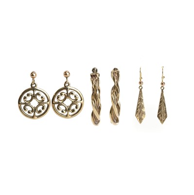Lot 242 - Three pairs of 9ct gold earrings
