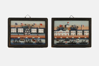 Lot 623 - A pair of reverse glass 'port' paintings