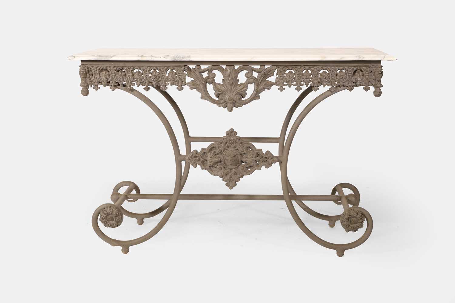 Lot 411 - A marble-topped cast iron garden table