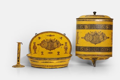 Lot 69 - A toleware basin, cistern and candlestick