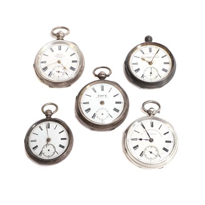 Lot 492 - A group of five silver key wind open-faced pocket watches