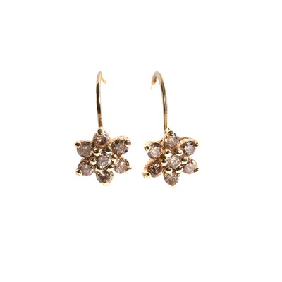 Lot 127 - A pair of cognac diamond cluster drop earrings