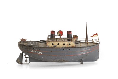 Lot 31 - A tin model gunboat with twin chimneys