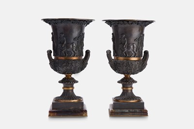 Lot 100 - A pair of grand tour patinated bronze and fluorspar Medici vases