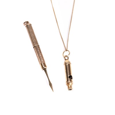 Lot 243 - A 9ct gold whistle pendant on chain and a 9ct gold tooth pick