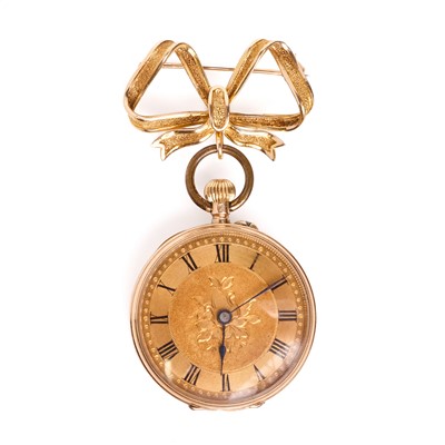 Lot 390 - A top wind open faced fob watch with brooch suspension