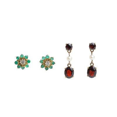 Lot 228 - A pair of 9ct gold emerald and diamond earrings and a pair of garnet and cultured pearl earrings