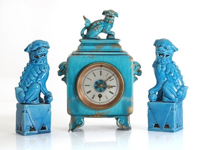 Lot 208 - A Chinese blue glazed mantel clock