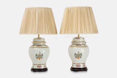 Lot 362 - A pair of Chinese-style famille rose porcelain table lamps