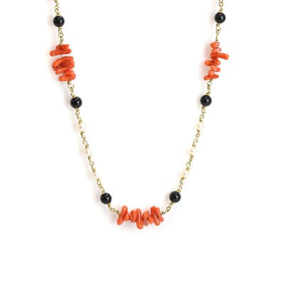 Lot 98 - An 18ct gold coral, cultured pearl, and onyx bead long necklace