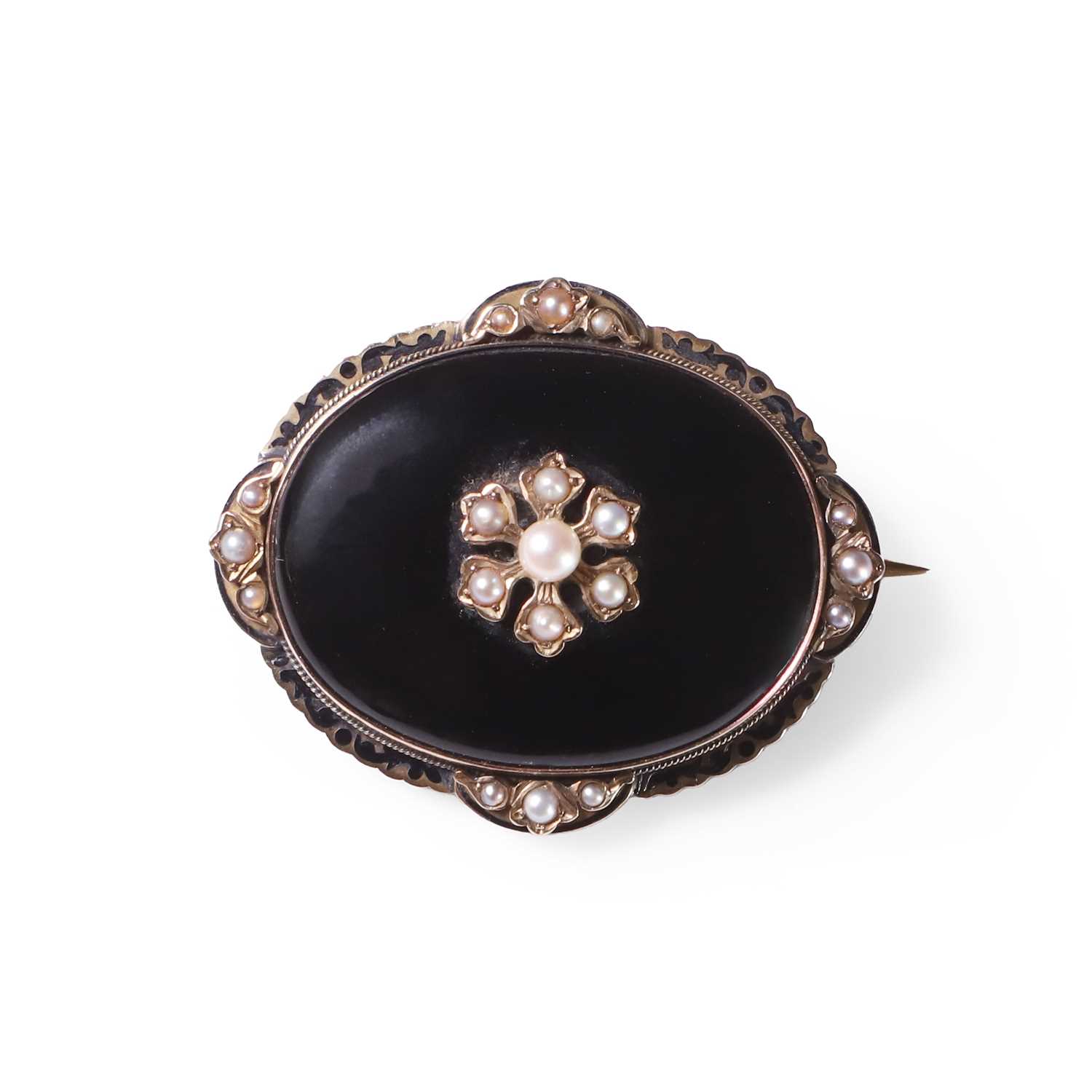 Lot 12 - A Victorian split pearl, onyx, and enamel brooch