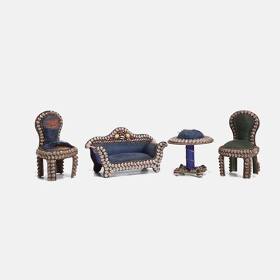 Lot 415 - A novelty shell-mounted miniature pin-cushion set modelled as a drawing room suite
