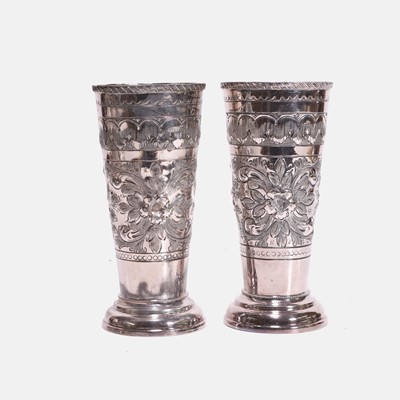 Lot 172 - An unusual pair of plated Britannia metal 'Cruft's Dog Show' trumpet vases