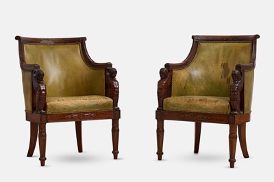 Lot A pair of Empire mahogany bergère library armchairs