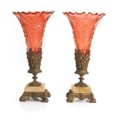 Lot 158 - A pair of ruby cut-glass and brass-mounted vases