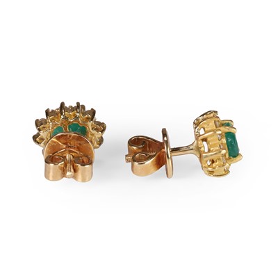 Lot 90 - A pair of emerald and diamond cluster earrings