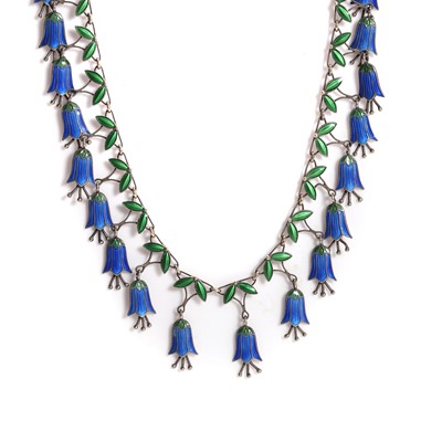 Lot 57 - A silver gilt enamel 'blue bell' fringe necklace